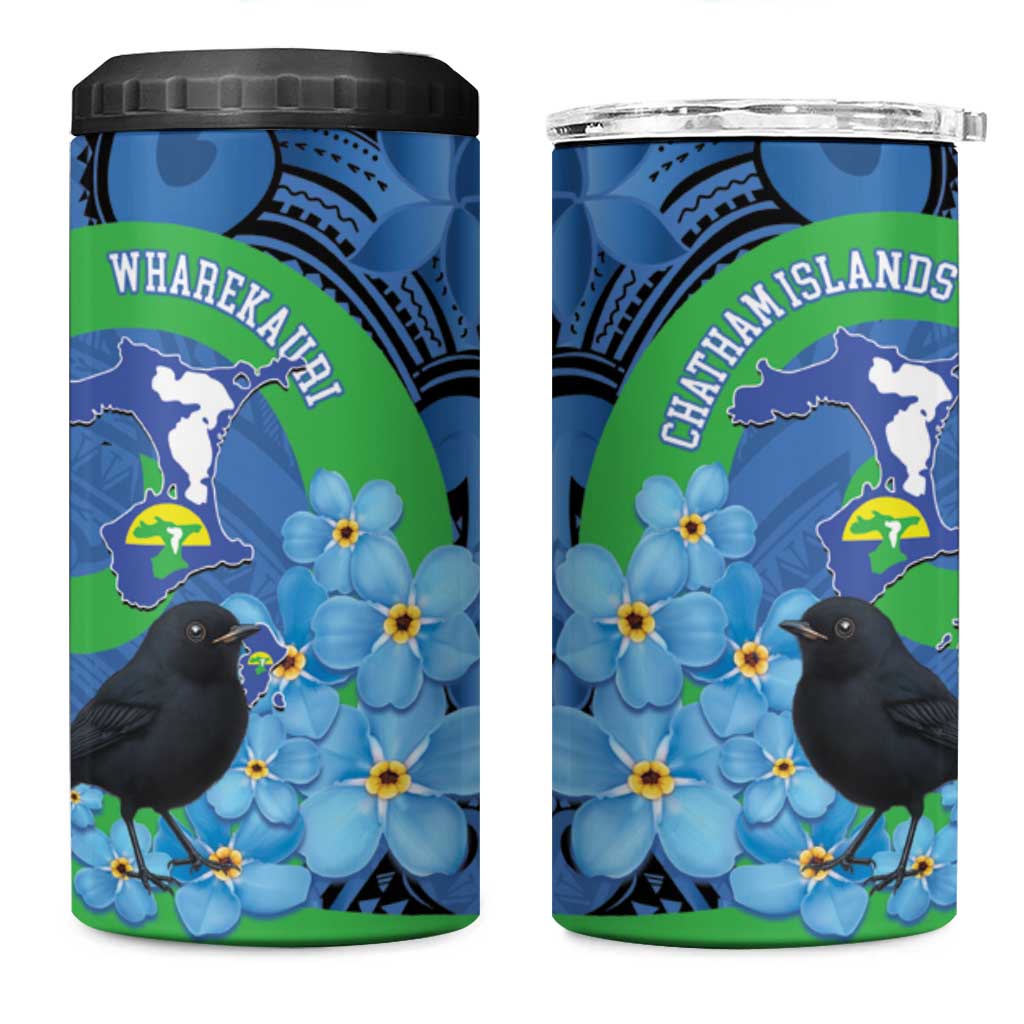 New Zealand Chatham Islands 4 in 1 Can Cooler Tumbler Wharekauri Forget Me Not With Black Robin