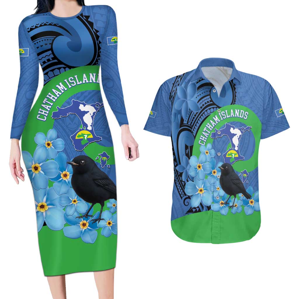 New Zealand Chatham Islands Couples Matching Long Sleeve Bodycon Dress and Hawaiian Shirt Wharekauri Forget Me Not With Black Robin