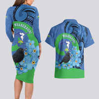 New Zealand Chatham Islands Couples Matching Long Sleeve Bodycon Dress and Hawaiian Shirt Wharekauri Forget Me Not With Black Robin