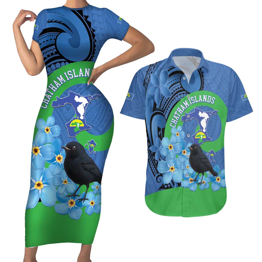 New Zealand Chatham Islands Couples Matching Short Sleeve Bodycon Dress and Hawaiian Shirt Wharekauri Forget Me Not With Black Robin