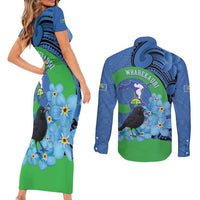 New Zealand Chatham Islands Couples Matching Short Sleeve Bodycon Dress and Long Sleeve Button Shirt Wharekauri Forget Me Not With Black Robin LT14 - Polynesian Pride