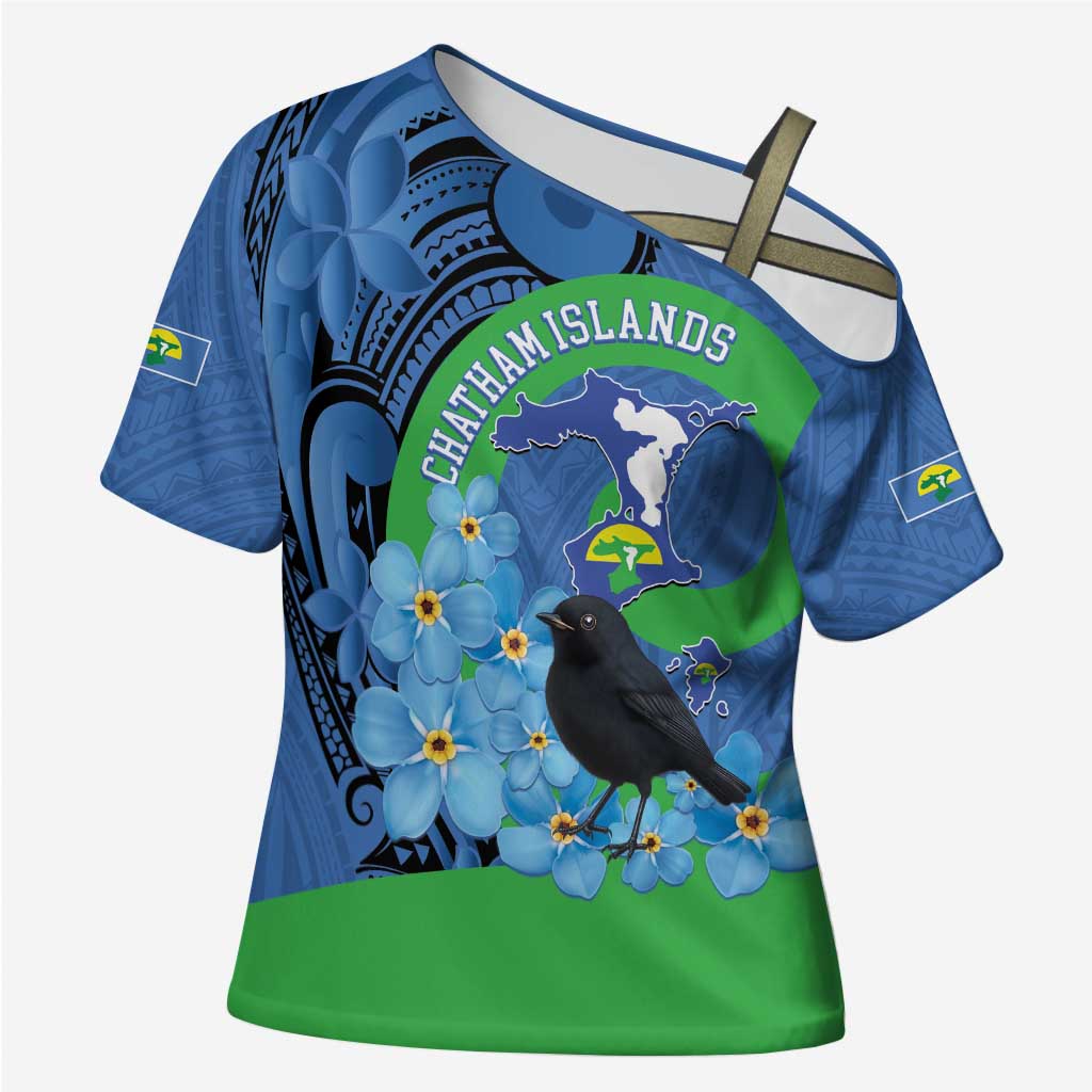 New Zealand Chatham Islands Cross Shoulder Shirt Wharekauri Forget Me Not With Black Robin - Polynesian Pride