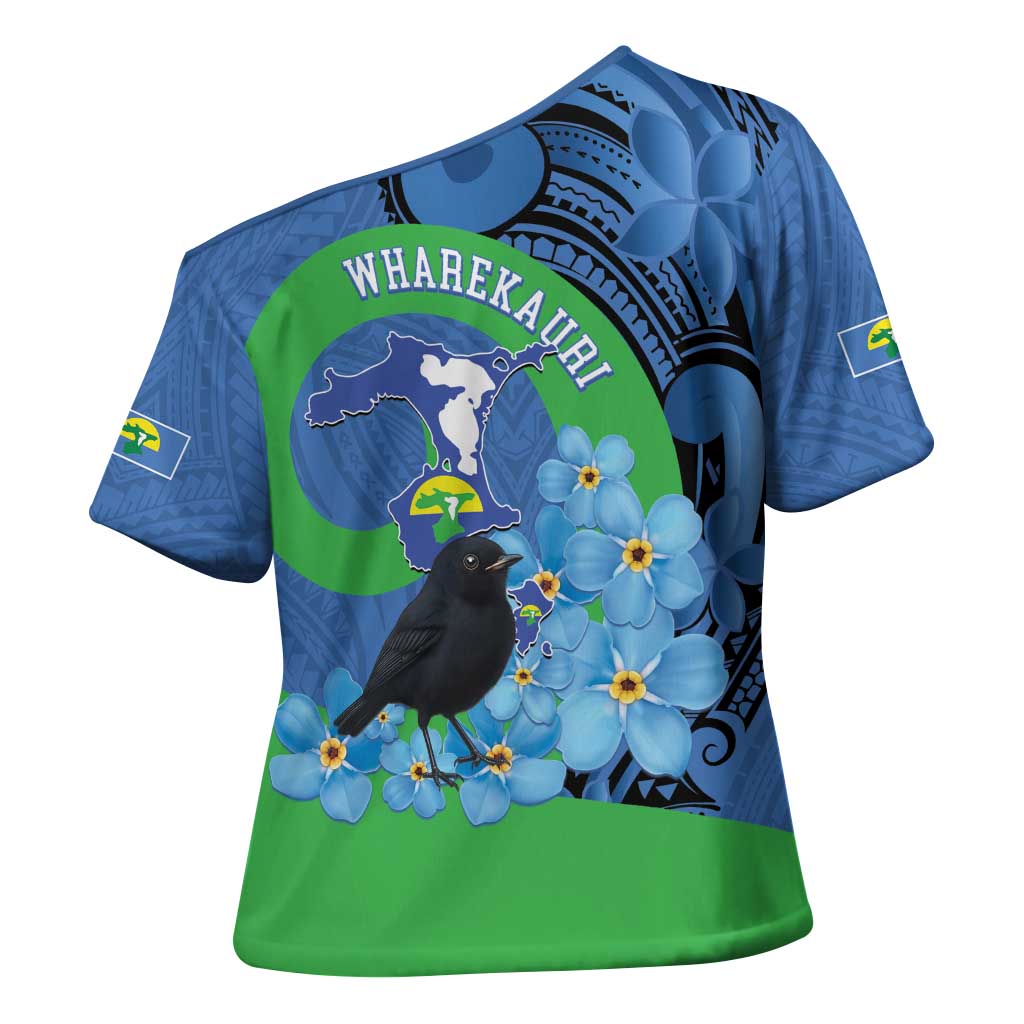 New Zealand Chatham Islands Cross Shoulder Shirt Wharekauri Forget Me Not With Black Robin - Polynesian Pride