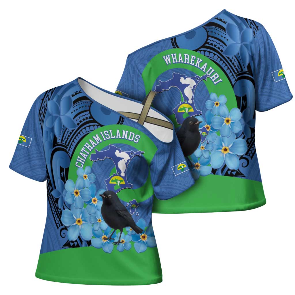 New Zealand Chatham Islands Cross Shoulder Shirt Wharekauri Forget Me Not With Black Robin - Polynesian Pride