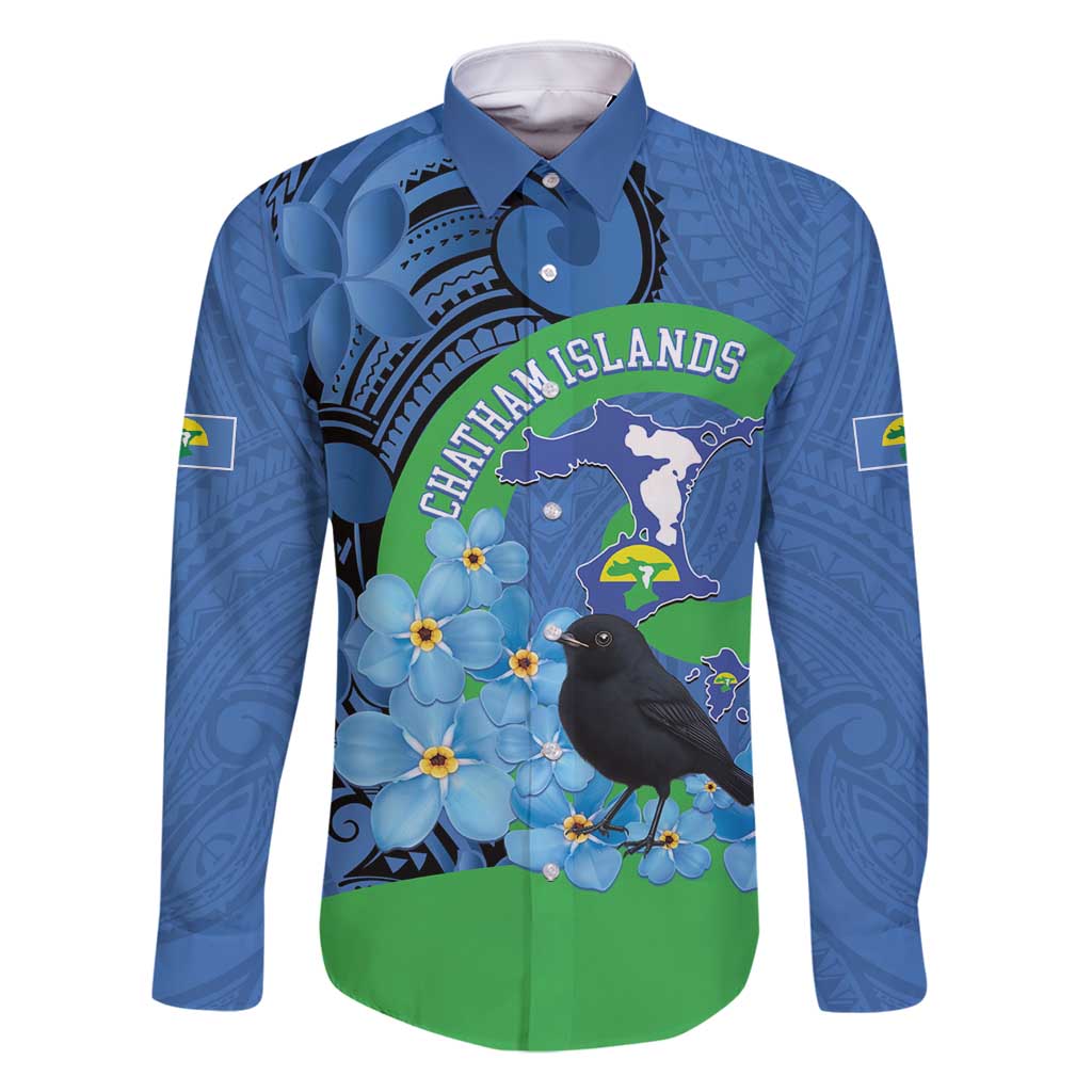 New Zealand Chatham Islands Family Matching Mermaid Dress and Hawaiian Shirt Wharekauri Forget Me Not With Black Robin LT14 Dad's Shirt - Long Sleeve Blue - Polynesian Pride