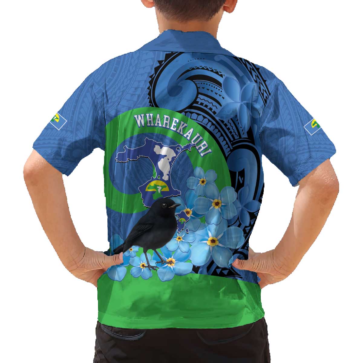 New Zealand Chatham Islands Family Matching Off The Shoulder Long Sleeve Dress and Hawaiian Shirt Wharekauri Forget Me Not With Black Robin LT14 - Polynesian Pride