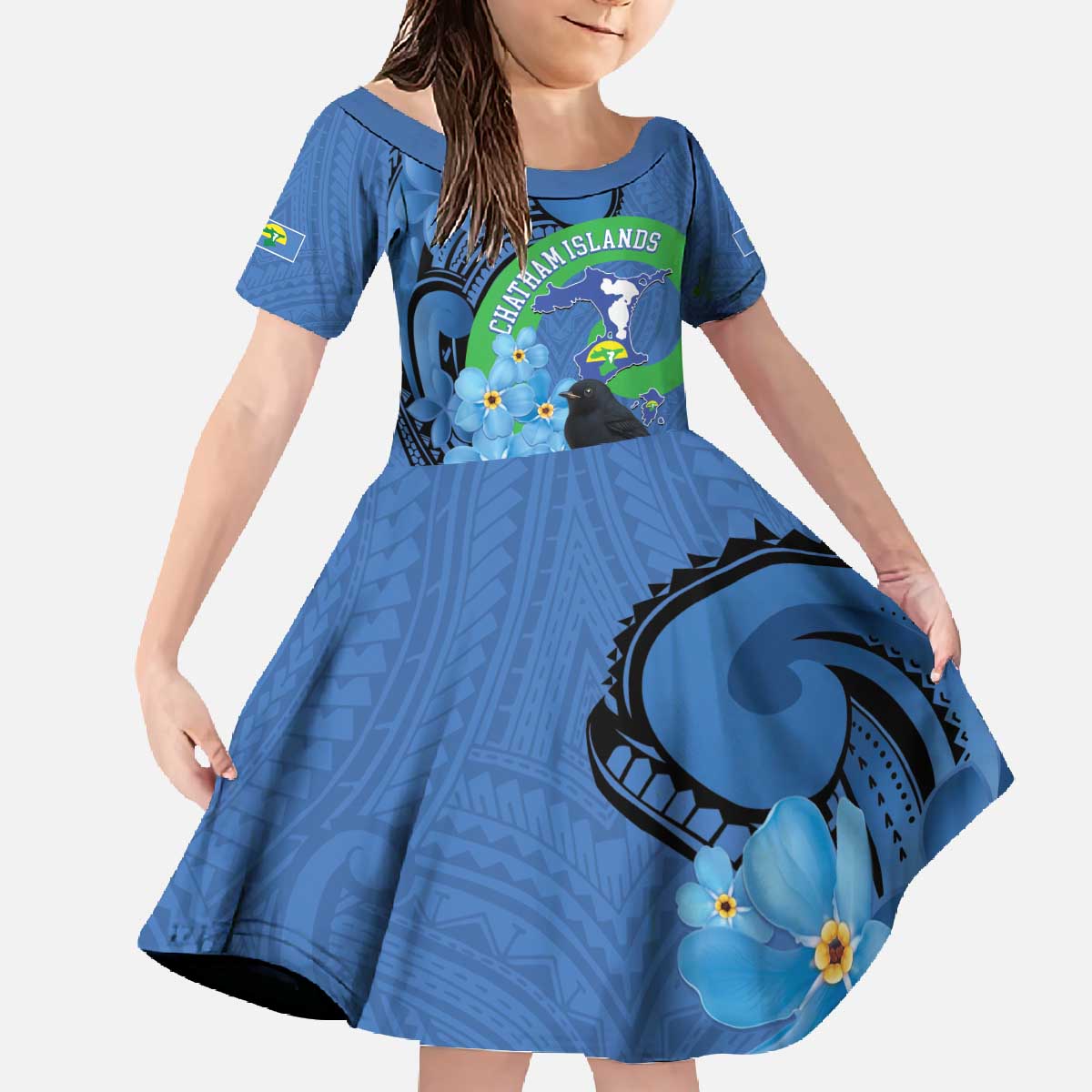 New Zealand Chatham Islands Family Matching Off The Shoulder Long Sleeve Dress and Hawaiian Shirt Wharekauri Forget Me Not With Black Robin LT14 Daughter's Dress Blue - Polynesian Pride