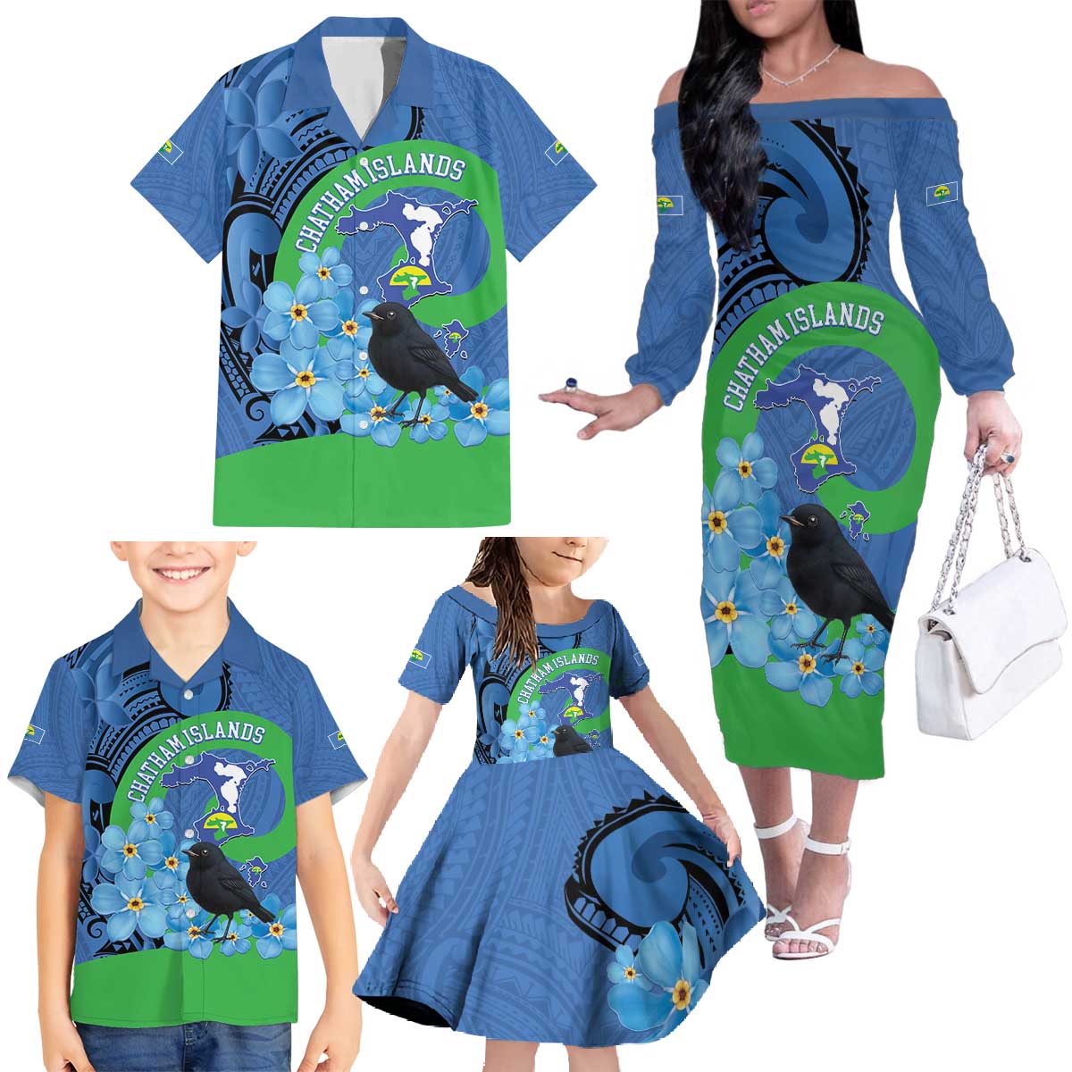 New Zealand Chatham Islands Family Matching Off The Shoulder Long Sleeve Dress and Hawaiian Shirt Wharekauri Forget Me Not With Black Robin LT14 - Polynesian Pride