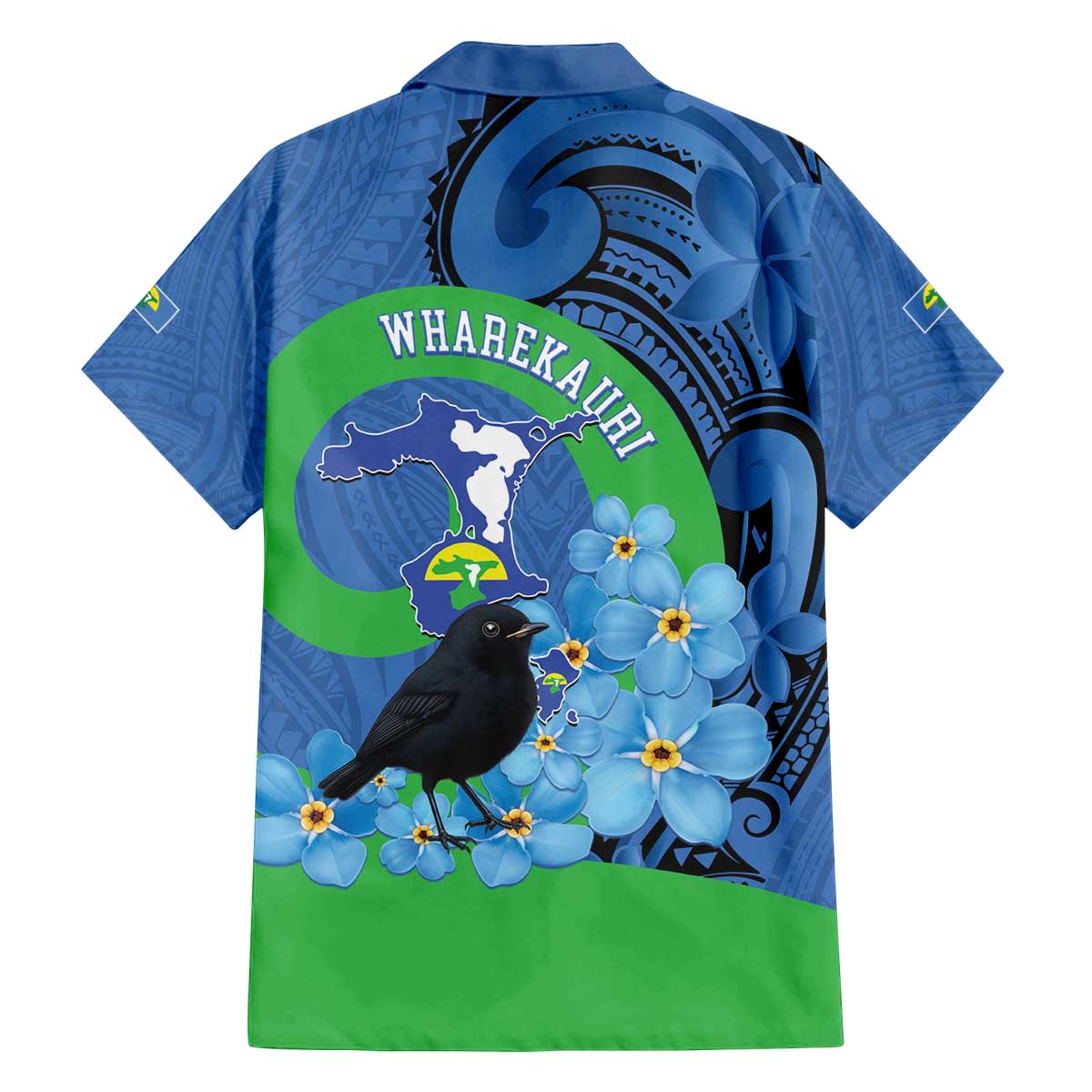 New Zealand Chatham Islands Family Matching Off The Shoulder Long Sleeve Dress and Hawaiian Shirt Wharekauri Forget Me Not With Black Robin LT14 - Polynesian Pride