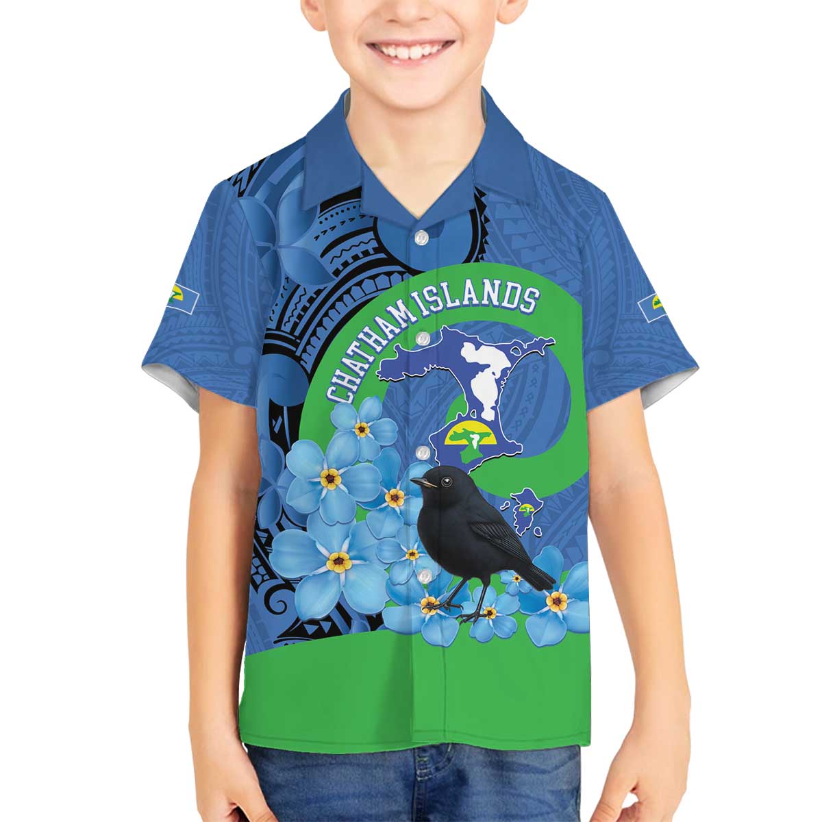 New Zealand Chatham Islands Family Matching Off The Shoulder Long Sleeve Dress and Hawaiian Shirt Wharekauri Forget Me Not With Black Robin LT14 Son's Shirt Blue - Polynesian Pride