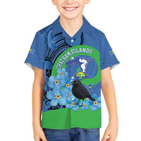 New Zealand Chatham Islands Family Matching Off The Shoulder Long Sleeve Dress and Hawaiian Shirt Wharekauri Forget Me Not With Black Robin LT14 Son's Shirt Blue - Polynesian Pride