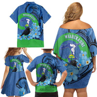 New Zealand Chatham Islands Family Matching Off Shoulder Short Dress and Hawaiian Shirt Wharekauri Forget Me Not With Black Robin