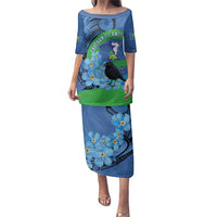 New Zealand Chatham Islands Family Matching Puletasi and Hawaiian Shirt Wharekauri Forget Me Not With Black Robin LT14 Mom's Dress Blue - Polynesian Pride