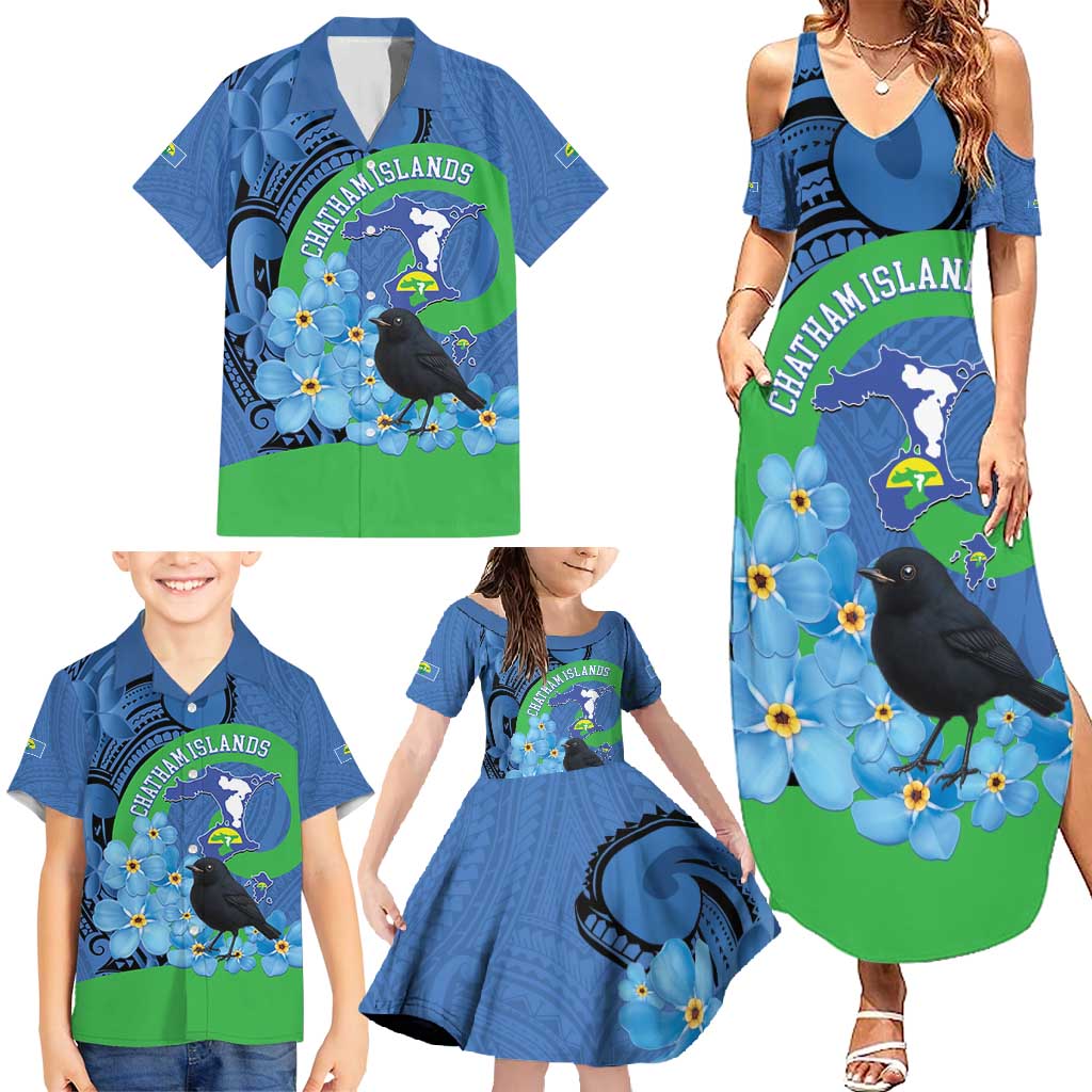 New Zealand Chatham Islands Family Matching Summer Maxi Dress and Hawaiian Shirt Wharekauri Forget Me Not With Black Robin