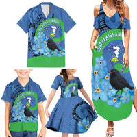 New Zealand Chatham Islands Family Matching Summer Maxi Dress and Hawaiian Shirt Wharekauri Forget Me Not With Black Robin