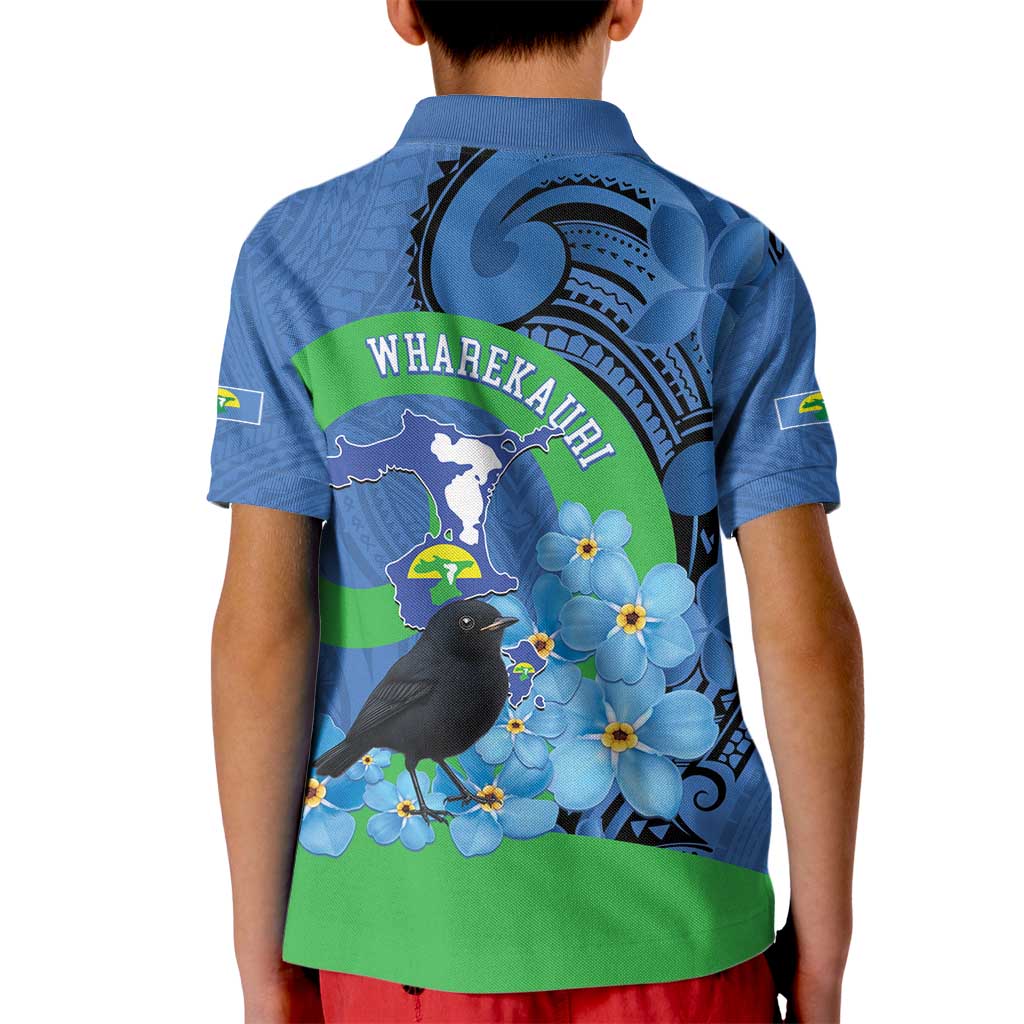 New Zealand Chatham Islands Kid Polo Shirt Wharekauri Forget Me Not With Black Robin