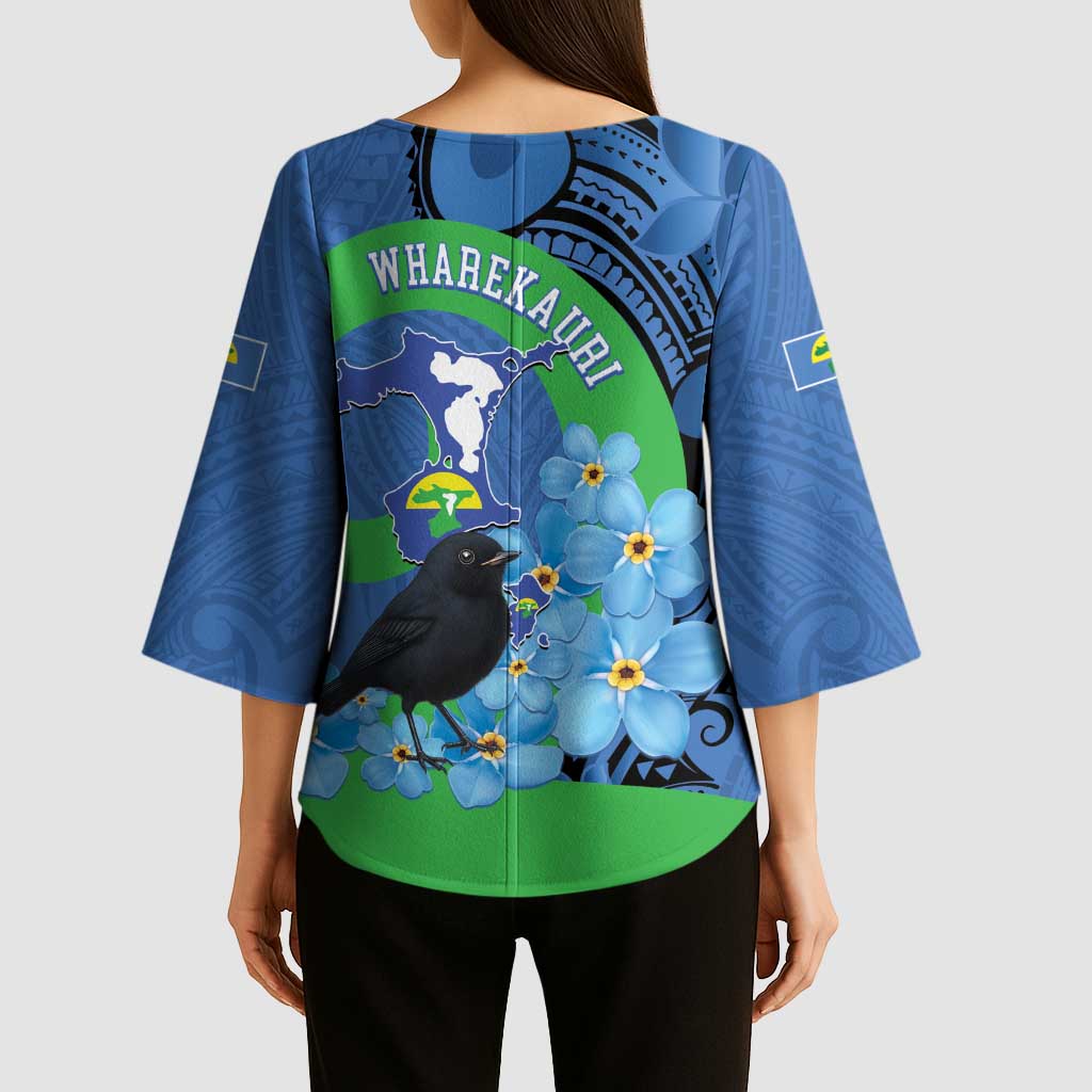 New Zealand Chatham Islands Kimono Sleeve Blouse Wharekauri Forget Me Not With Black Robin - Polynesian Pride