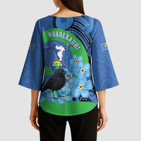 New Zealand Chatham Islands Kimono Sleeve Blouse Wharekauri Forget Me Not With Black Robin - Polynesian Pride
