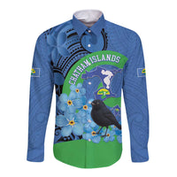 New Zealand Chatham Islands Long Sleeve Button Shirt Wharekauri Forget Me Not With Black Robin