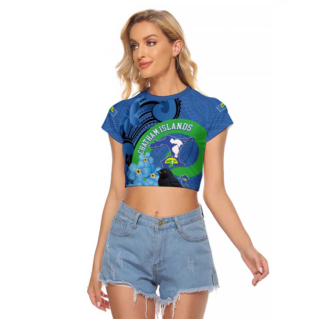 New Zealand Chatham Islands Raglan Cropped T Shirt Wharekauri Forget Me Not With Black Robin