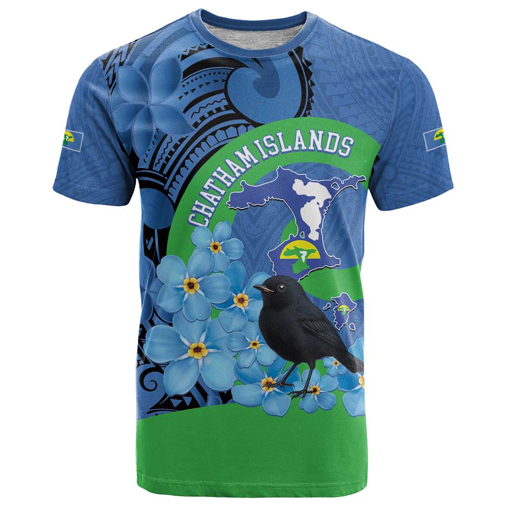 New Zealand Chatham Islands T Shirt Wharekauri Forget Me Not With Black Robin