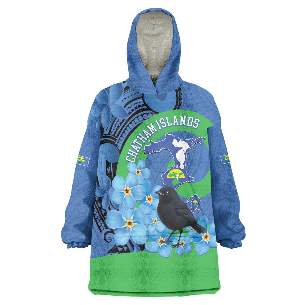 New Zealand Chatham Islands Wearable Blanket Hoodie Wharekauri Forget Me Not With Black Robin