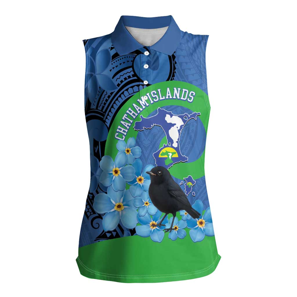 New Zealand Chatham Islands Women Sleeveless Polo Shirt Wharekauri Forget Me Not With Black Robin LT14 Female Blue - Polynesian Pride