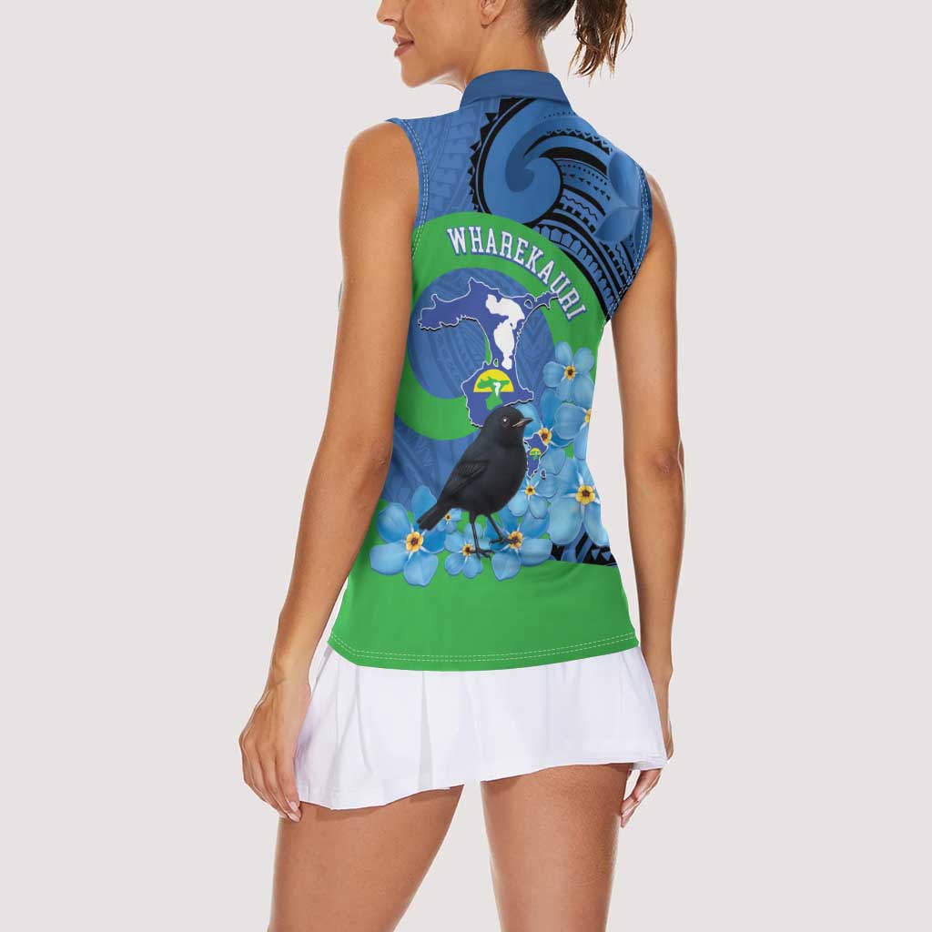 New Zealand Chatham Islands Women Sleeveless Polo Shirt Wharekauri Forget Me Not With Black Robin LT14 - Polynesian Pride