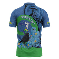 New Zealand Chatham Islands Zipper Polo Shirt Wharekauri Forget Me Not With Black Robin - Polynesian Pride