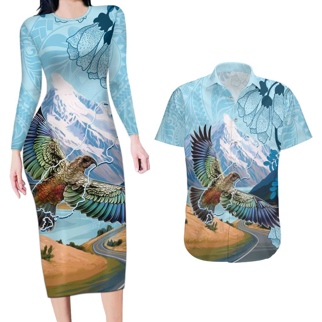 New Zealand South Island Couples Matching Long Sleeve Bodycon Dress and Hawaiian Shirt Te Waipounamu Aoraki Kea Bird