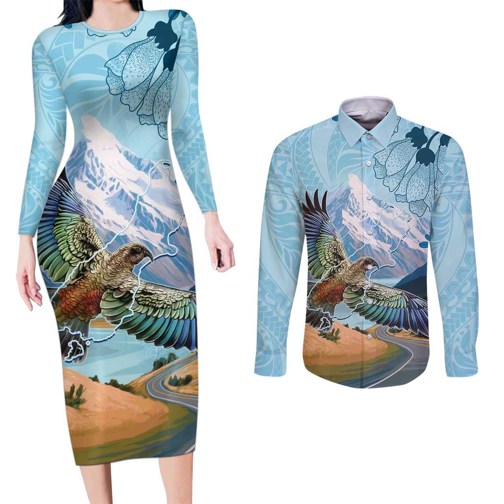 New Zealand South Island Couples Matching Long Sleeve Bodycon Dress and Long Sleeve Button Shirt Te Waipounamu Aoraki Kea Bird LT14 Blue - Polynesian Pride