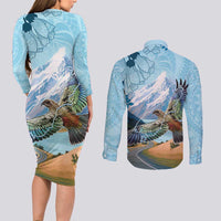 New Zealand South Island Couples Matching Long Sleeve Bodycon Dress and Long Sleeve Button Shirt Te Waipounamu Aoraki Kea Bird LT14 - Polynesian Pride