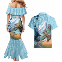 New Zealand South Island Couples Matching Mermaid Dress and Hawaiian Shirt Te Waipounamu Aoraki Kea Bird