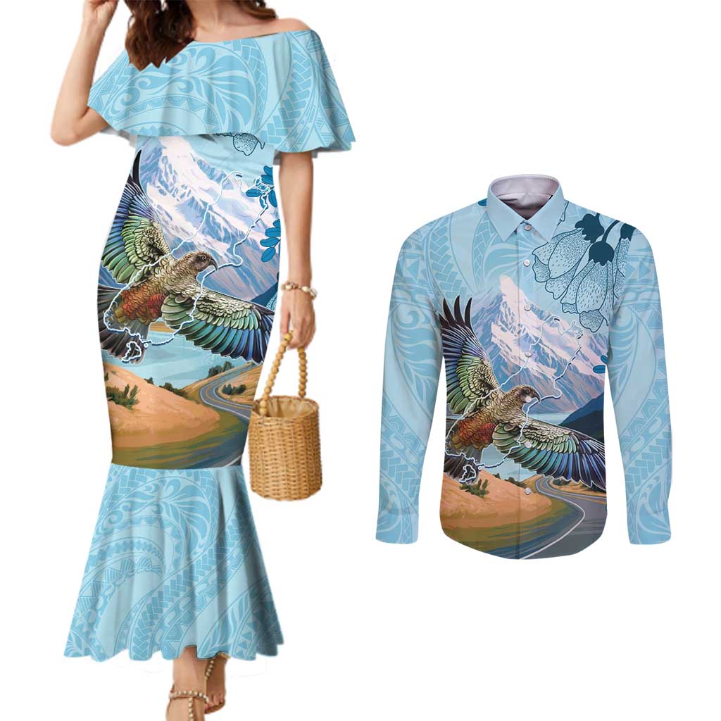 New Zealand South Island Couples Matching Mermaid Dress and Long Sleeve Button Shirt Te Waipounamu Aoraki Kea Bird LT14 Blue - Polynesian Pride