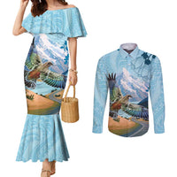 New Zealand South Island Couples Matching Mermaid Dress and Long Sleeve Button Shirt Te Waipounamu Aoraki Kea Bird LT14 Blue - Polynesian Pride