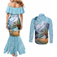 New Zealand South Island Couples Matching Mermaid Dress and Long Sleeve Button Shirt Te Waipounamu Aoraki Kea Bird LT14 - Polynesian Pride
