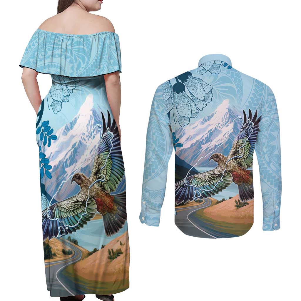 New Zealand South Island Couples Matching Off Shoulder Maxi Dress and Long Sleeve Button Shirt Te Waipounamu Aoraki Kea Bird LT14 - Polynesian Pride