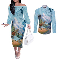New Zealand South Island Couples Matching Off The Shoulder Long Sleeve Dress and Long Sleeve Button Shirt Te Waipounamu Aoraki Kea Bird LT14 Blue - Polynesian Pride