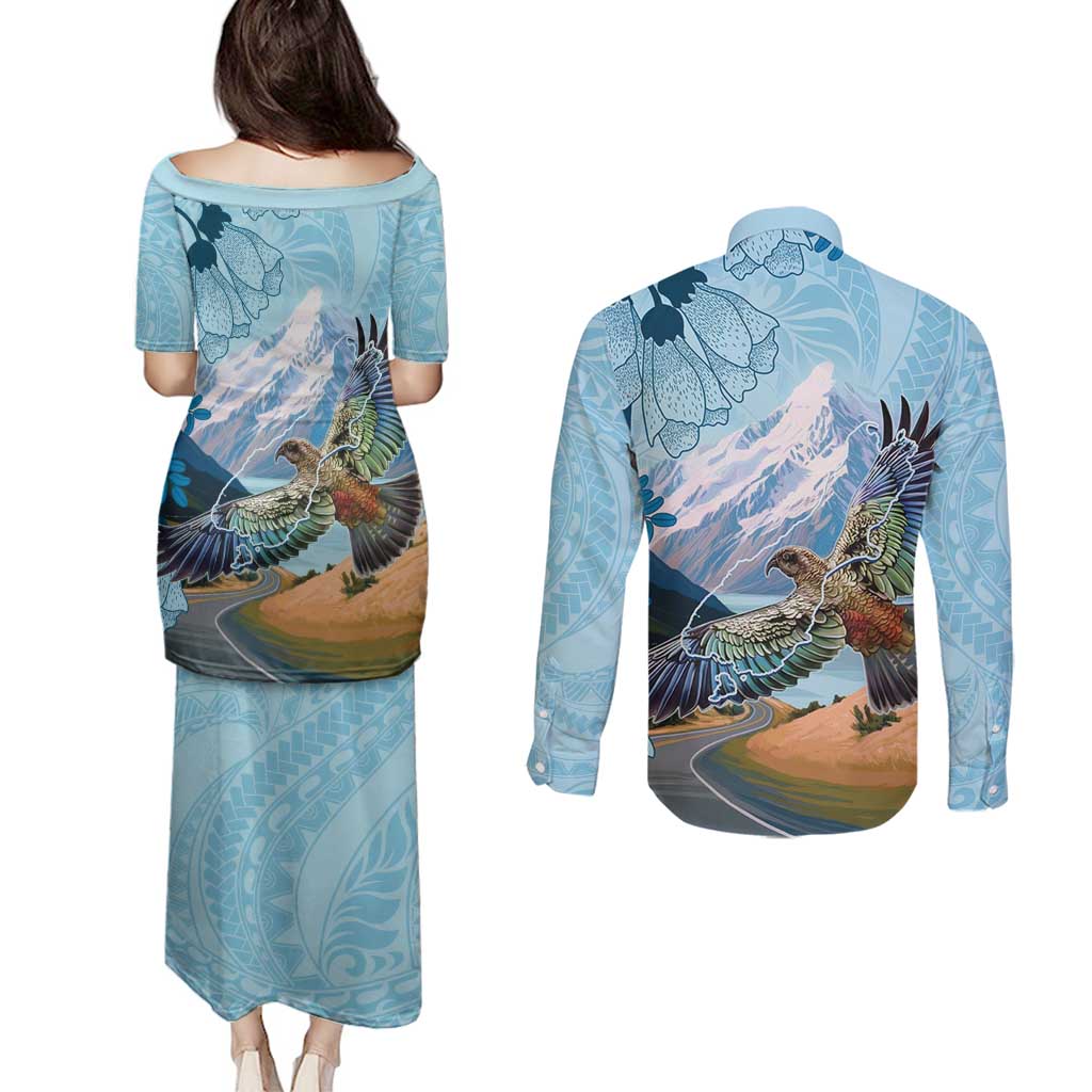New Zealand South Island Couples Matching Puletasi and Long Sleeve Button Shirt Te Waipounamu Aoraki Kea Bird LT14 - Polynesian Pride