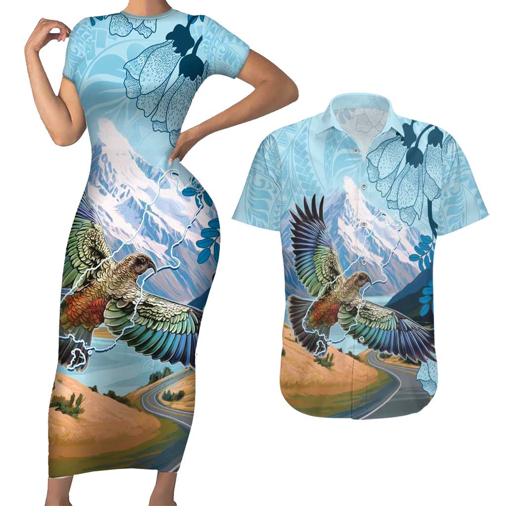New Zealand South Island Couples Matching Short Sleeve Bodycon Dress and Hawaiian Shirt Te Waipounamu Aoraki Kea Bird