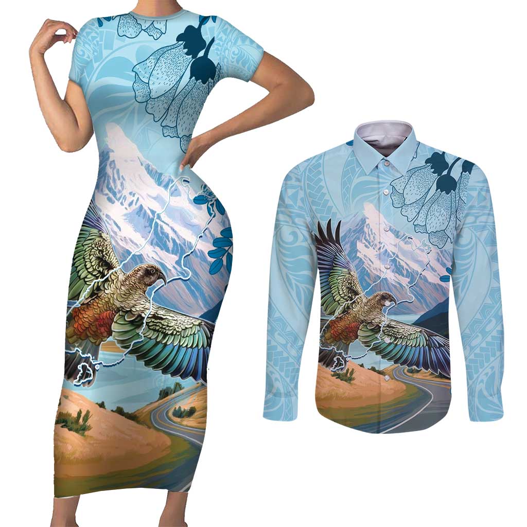 New Zealand South Island Couples Matching Short Sleeve Bodycon Dress and Long Sleeve Button Shirt Te Waipounamu Aoraki Kea Bird LT14 Blue - Polynesian Pride