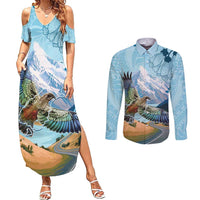 New Zealand South Island Couples Matching Summer Maxi Dress and Long Sleeve Button Shirt Te Waipounamu Aoraki Kea Bird LT14 Blue - Polynesian Pride