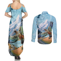 New Zealand South Island Couples Matching Summer Maxi Dress and Long Sleeve Button Shirt Te Waipounamu Aoraki Kea Bird LT14 - Polynesian Pride