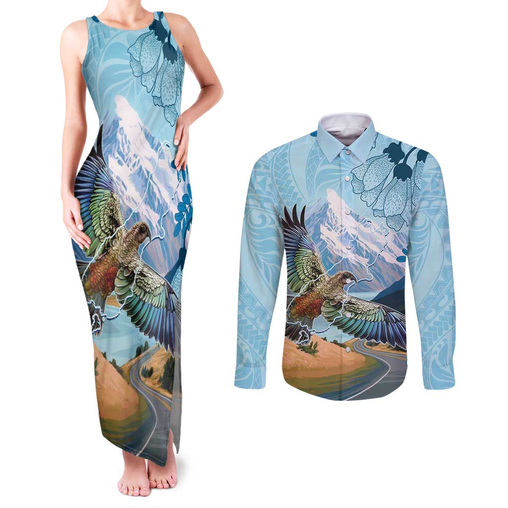 New Zealand South Island Couples Matching Tank Maxi Dress and Long Sleeve Button Shirt Te Waipounamu Aoraki Kea Bird LT14 Blue - Polynesian Pride
