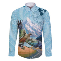 New Zealand South Island Family Matching Long Sleeve Bodycon Dress and Hawaiian Shirt Te Waipounamu Aoraki Kea Bird LT14 Dad's Shirt - Long Sleeve Blue - Polynesian Pride