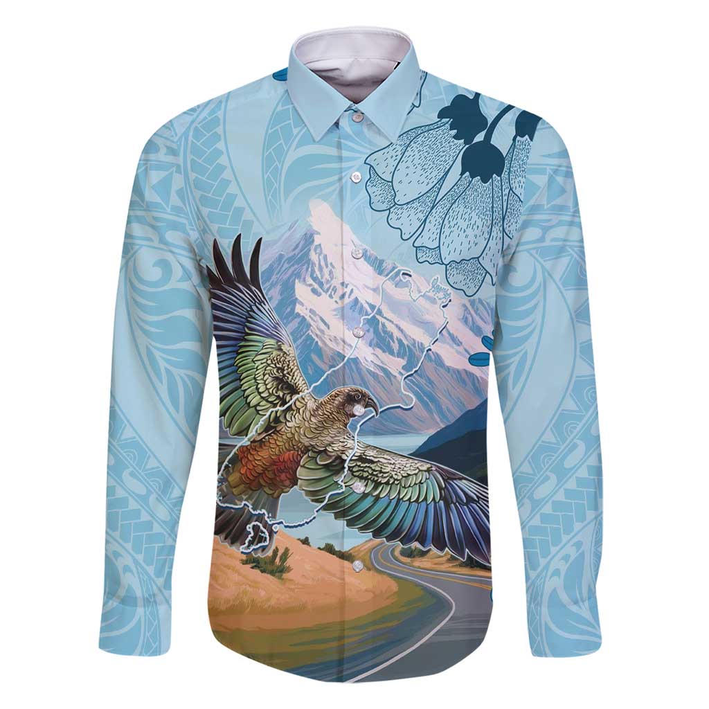 New Zealand South Island Family Matching Mermaid Dress and Hawaiian Shirt Te Waipounamu Aoraki Kea Bird LT14 Dad's Shirt - Long Sleeve Blue - Polynesian Pride