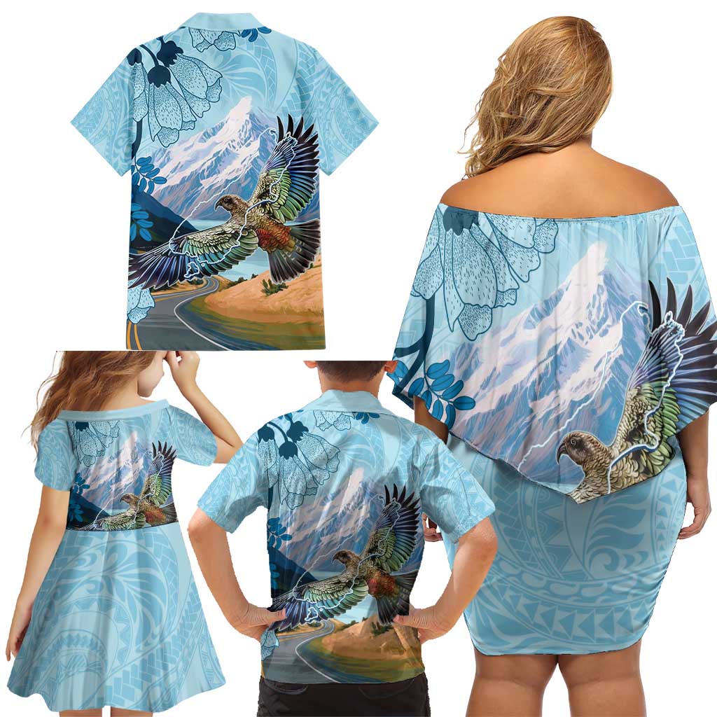 New Zealand South Island Family Matching Off Shoulder Short Dress and Hawaiian Shirt Te Waipounamu Aoraki Kea Bird