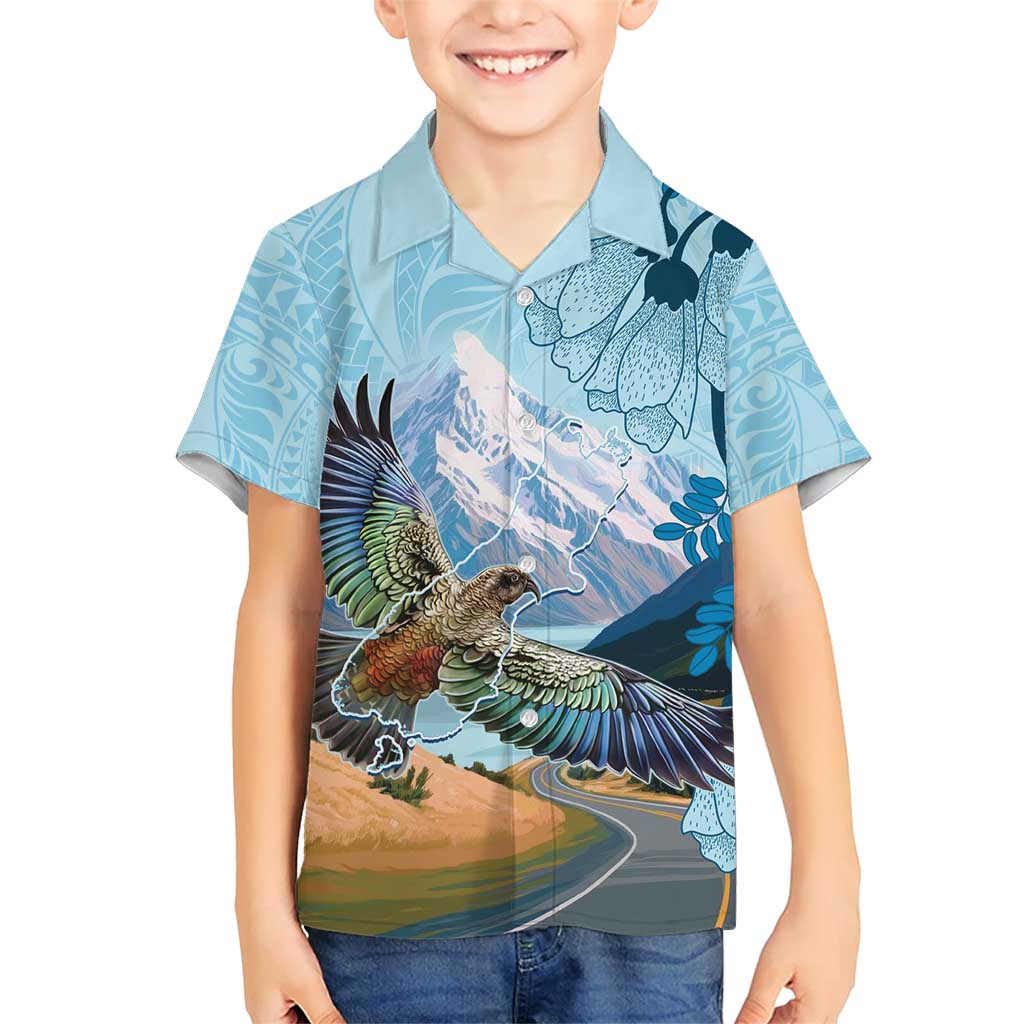 New Zealand South Island Family Matching Short Sleeve Bodycon Dress and Hawaiian Shirt Te Waipounamu Aoraki Kea Bird LT14 Son's Shirt Blue - Polynesian Pride