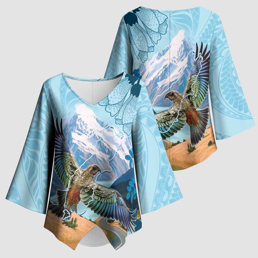 New Zealand South Island Kimono Sleeve Blouse Te Waipounamu Aoraki Kea Bird - Polynesian Pride