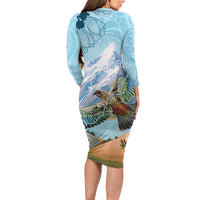 New Zealand South Island Long Sleeve Bodycon Dress Te Waipounamu Aoraki Kea Bird LT14 - Polynesian Pride
